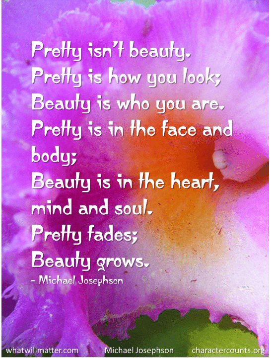 Post image for WORTH SEEING:  Poster – Pretty isn’t beauty. Pretty is how you look; Beauty is who you are.  Pretty is in the face and body; Beauty is in the heart, mind and soul.  Pretty fades; Beauty grows.  — Michael Josephson