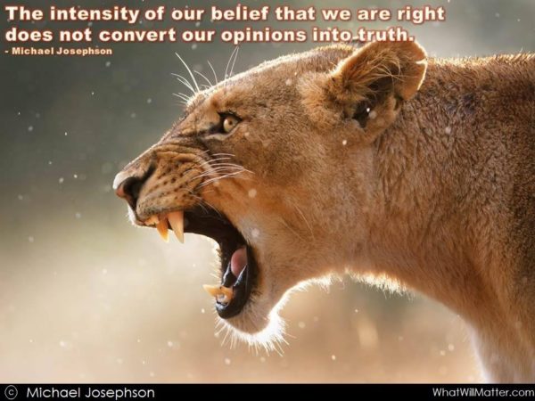 The intensity of our belief that we are right doesn't convert our opinions into truth. - Michael Josephson
